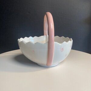 Ceramic Easter Basket White Pink Handle Spring Decor